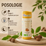 Haritaki bio Ayurvana en gélules végétales avec posologie et feuilles vertes - complément ayurvédique