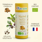 Gélules Haritaki bio vegan Ayurvana avec ingrédients et certifications, fabrication française