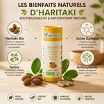 Haritaki bio en gélules Ayurvana avec fruits, feuilles et ingrédients naturels antioxydants