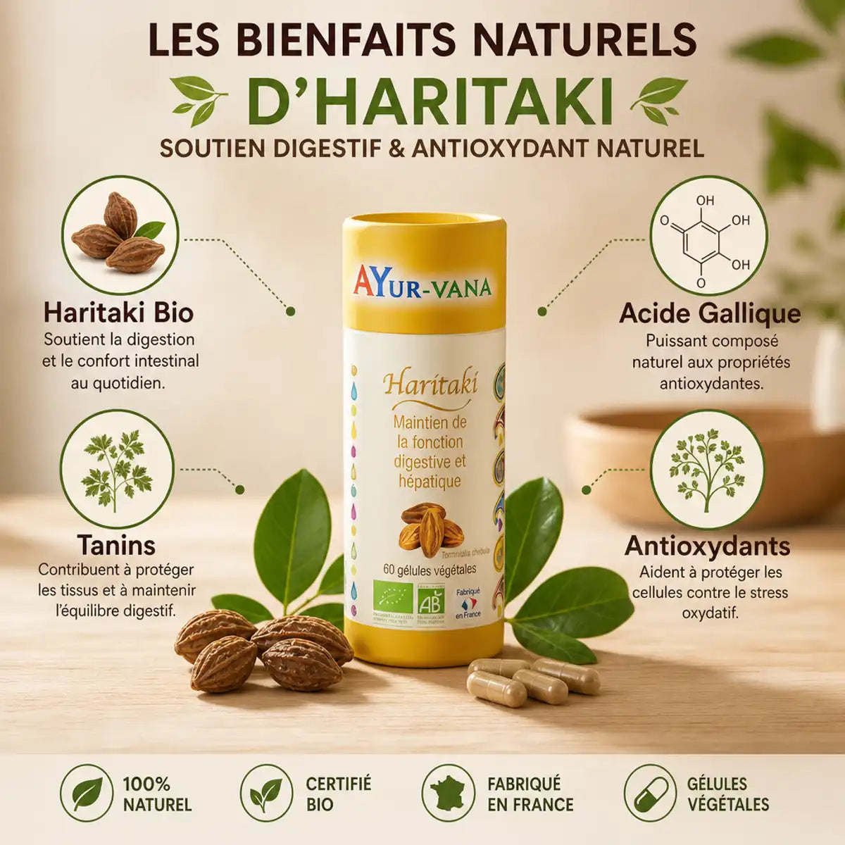 Haritaki bio en gélules Ayurvana avec fruits, feuilles et ingrédients naturels antioxydants
