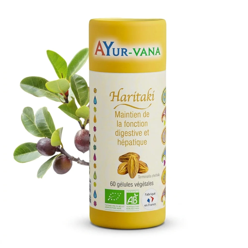 Haritaki bio vegan en gélules Ayurvana, bouteille jaune isolée sur fond blanc