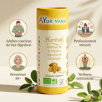 Haritaki bio en gélules Ayurvana avec icônes personas et certifications biologiques