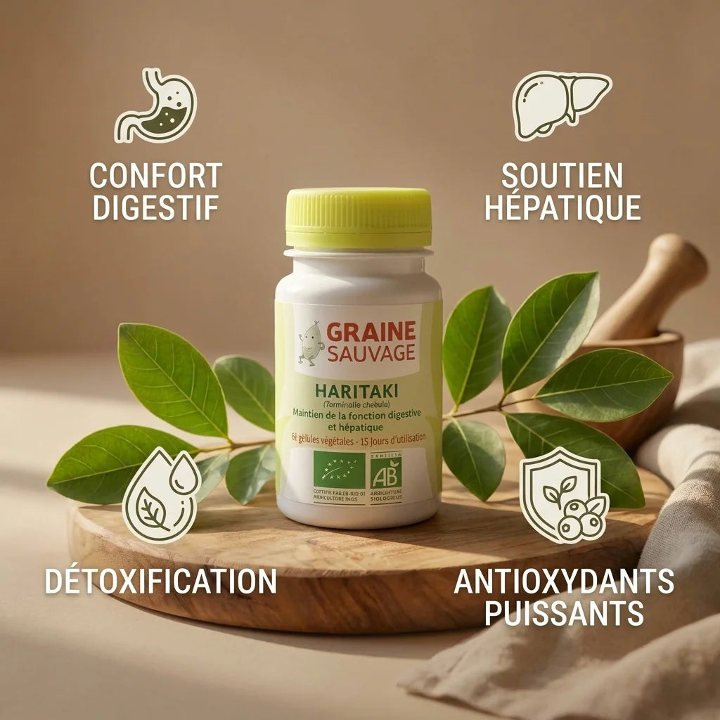 Haritaki bio en gélules avec bénéfices : confort digestif, soutien hépatique, détoxification et antioxydants