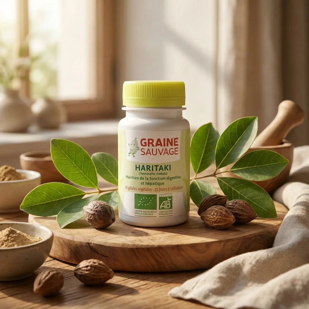 Haritaki bio en gélules sur surface bois avec feuilles fraîches et éléments wellness naturels