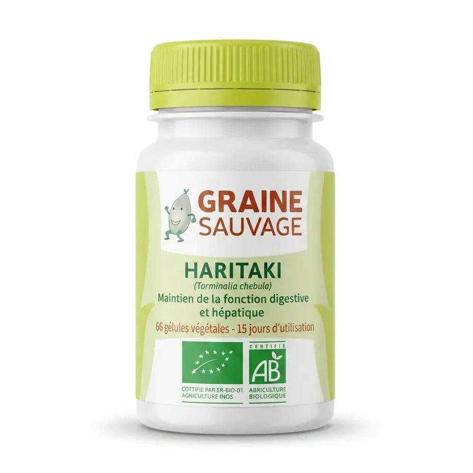 Haritaki bio vegan gélules Graine Sauvage bouteille bouchon vert fond blanc