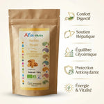 Haritaki Bio poudre Ayurvana avec infographie des 5 bénéfaits : digestion, foie, glycémie, antioxydants, énergie