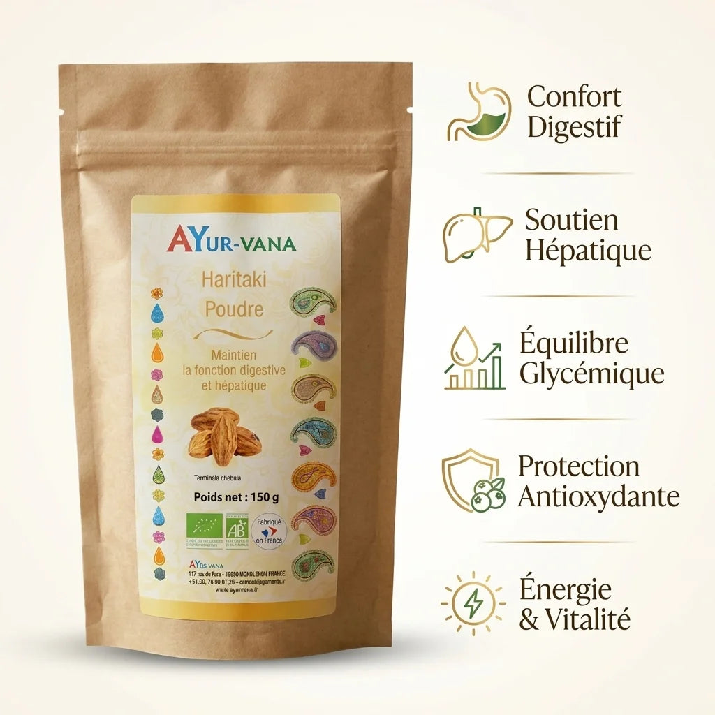 Haritaki Bio poudre Ayurvana avec infographie des 5 bénéfaits : digestion, foie, glycémie, antioxydants, énergie