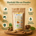 Haritaki Bio poudre Ayurvana avec infographie des 5 bénéfices digestifs et antioxydants