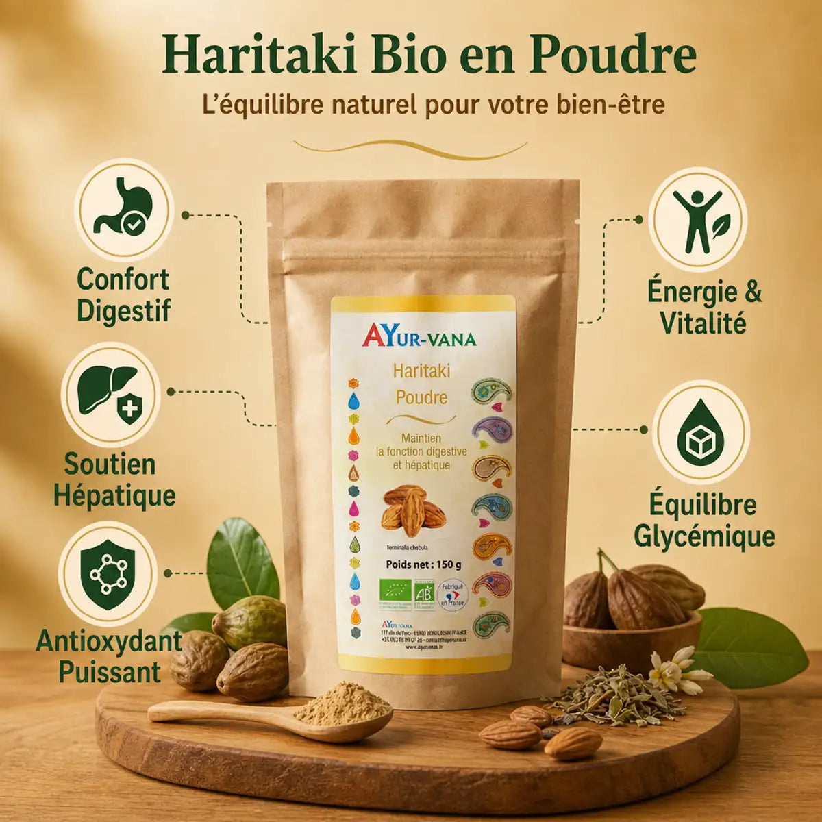Haritaki Bio poudre Ayurvana avec infographie des 5 bénéfices digestifs et antioxydants