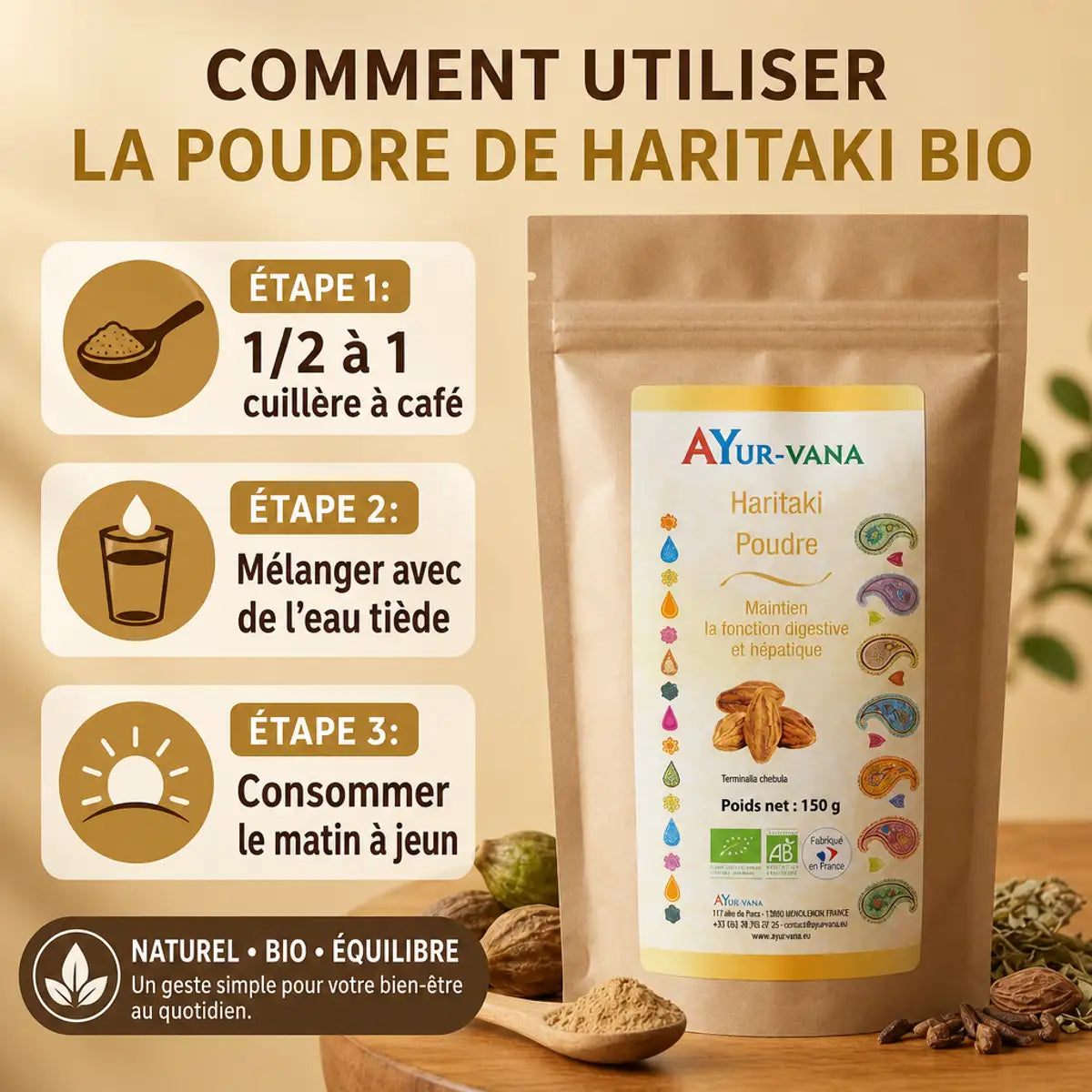Haritaki Bio poudre Ayurvana avec instructions posologie 1/2 cuillère à café matin à jeun