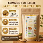 Haritaki Bio poudre Ayurvana avec instructions posologie 1/2 cuillère à café matin à jeun