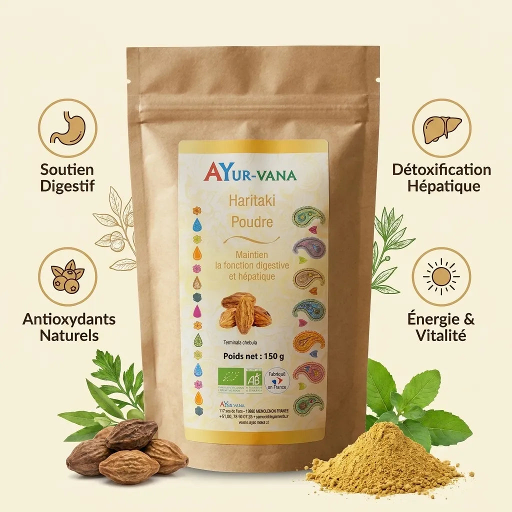 Haritaki Bio poudre Ayurvana avec bienfaits digestifs, détoxification hépatique et antioxydants naturels