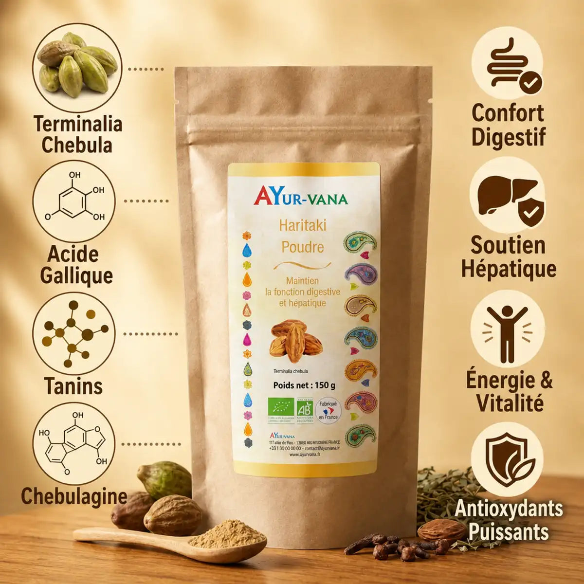 Haritaki Bio poudre Ayurvana avec ingrédients actifs et bienfaits digestifs, hépatiques et antioxydants
