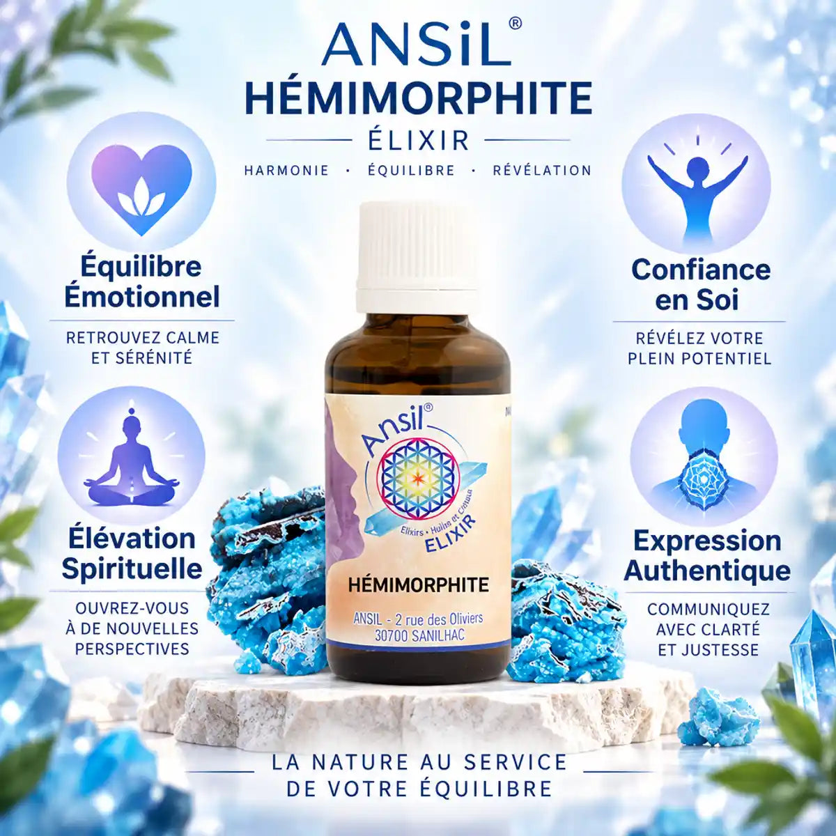 Élixir de cristal Hémimorphite Ansil avec bénéfices équilibre émotionnel et confiance en soi