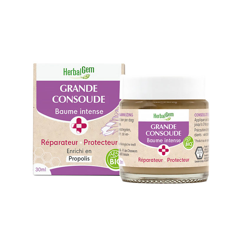 Grande consoude baume intense bio dans un pot de 30 ml de HerbalGem.