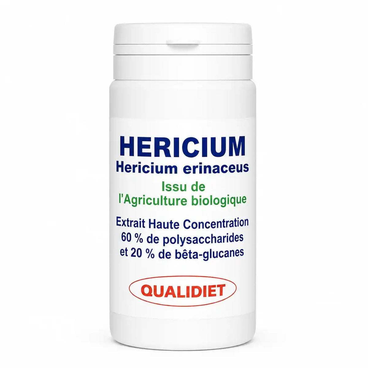 Bouteille de gélules Hericium erinaceus Bio Qualidiet supplément naturel fond blanc
