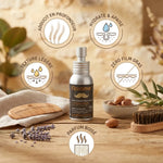 Huile à barbe bio Florame adoucissante avec bénéfices hydratants sur surface en bois