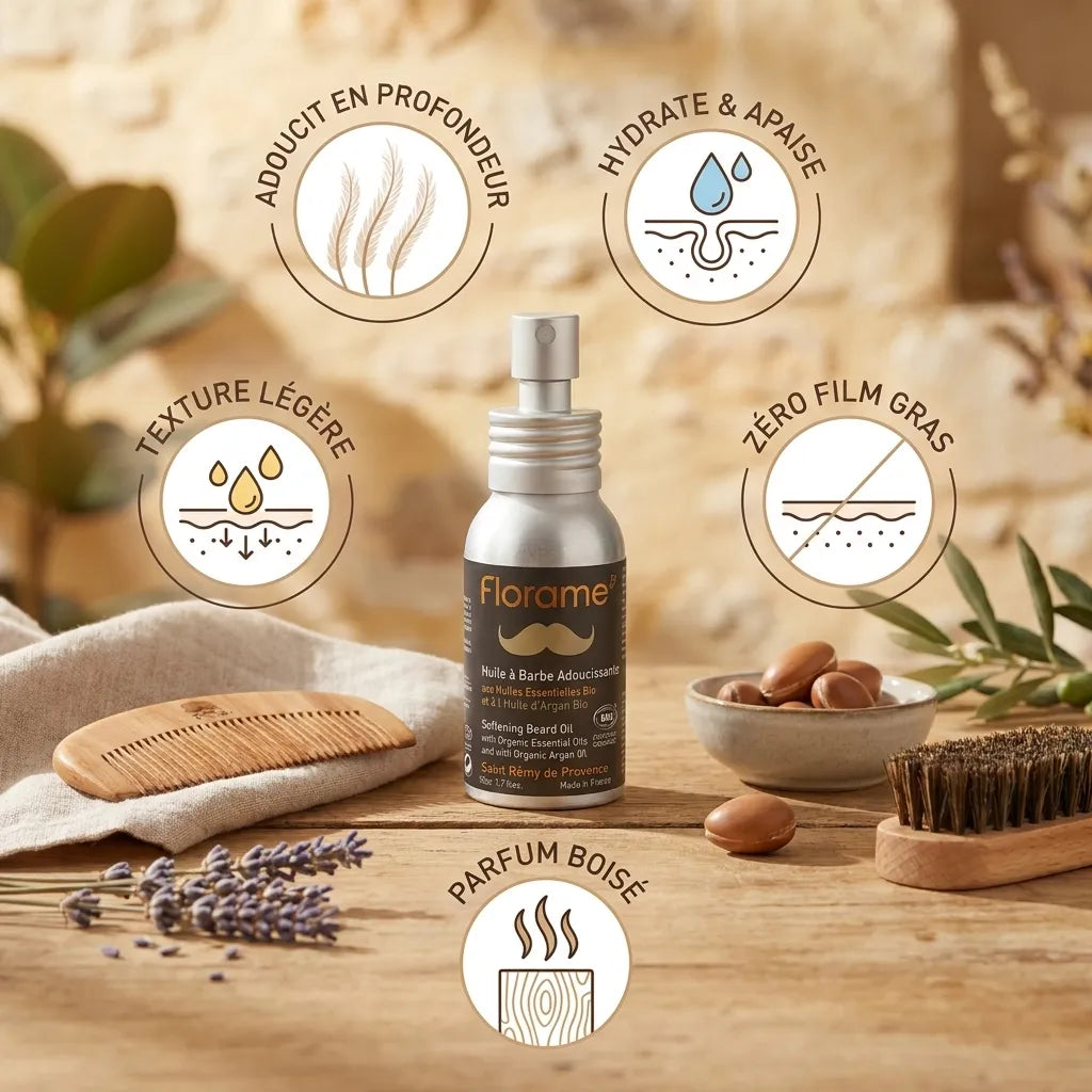 Huile à barbe bio Florame adoucissante avec bénéfices hydratants sur surface en bois