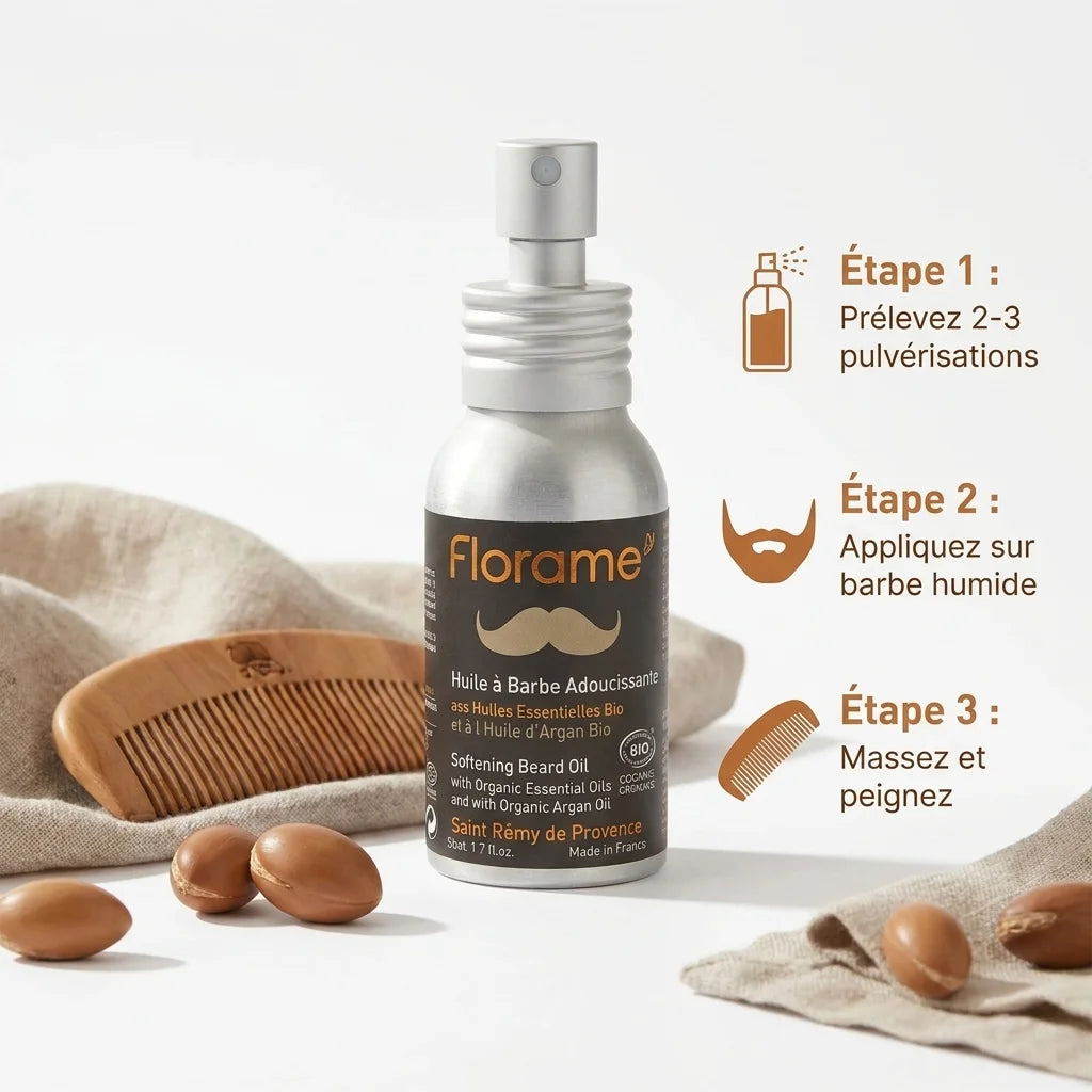 Huile à barbe bio Florame avec guide d'application en 3 étapes, peigne bois et ingrédients naturels