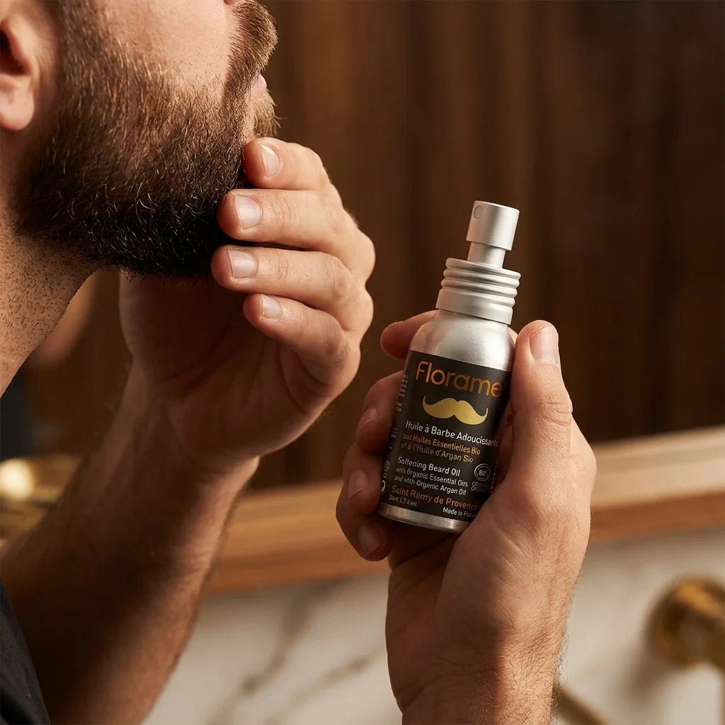 Huile à barbe bio Florame application homme barbe soignée