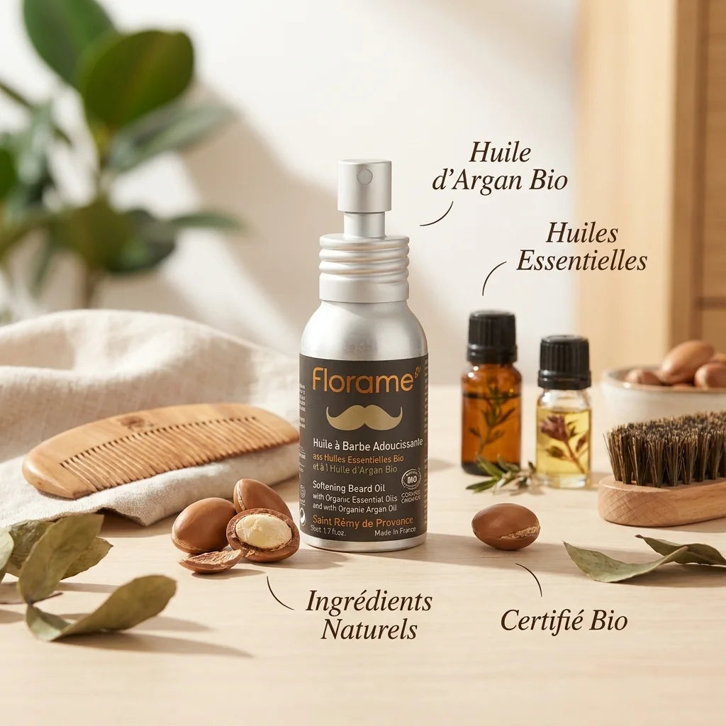 Huile à Barbe Adoucissante Florame bio avec ingrédients naturels et argan