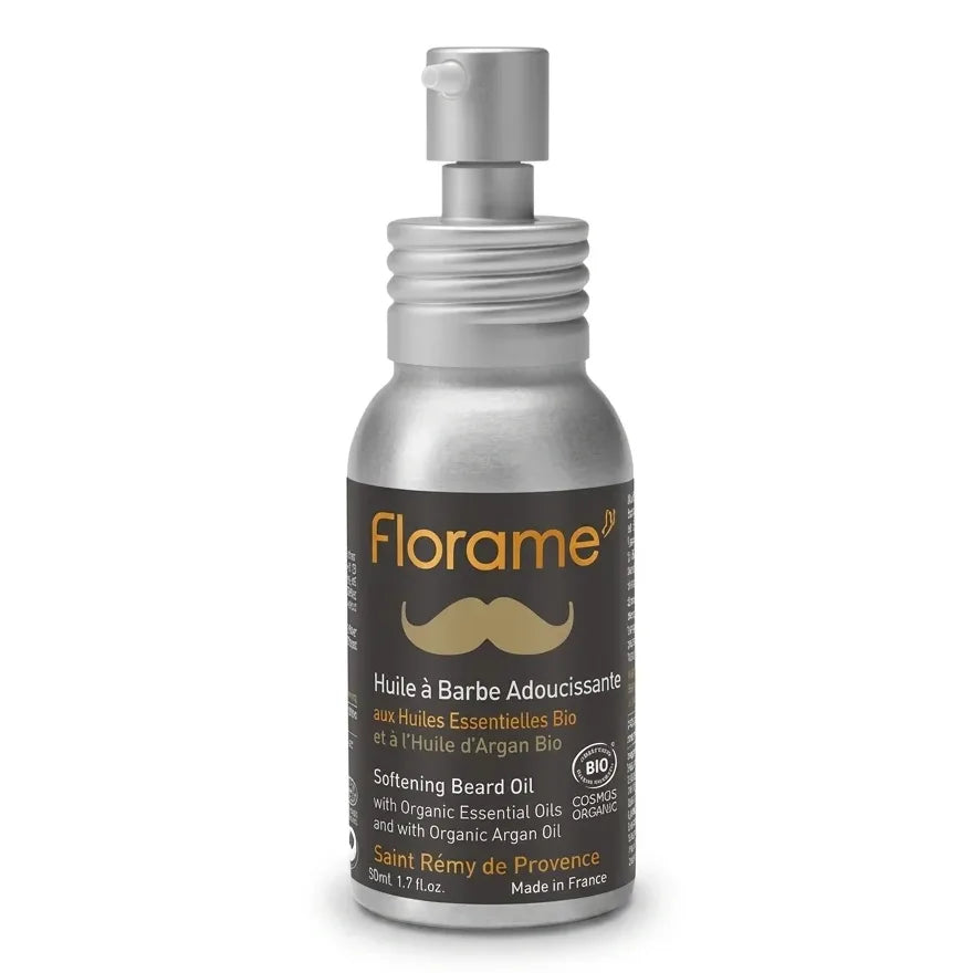 Flacon d'Huile à Barbe Adoucissante Florame bio, finition argentée, fond blanc, vue produit professionnelle
