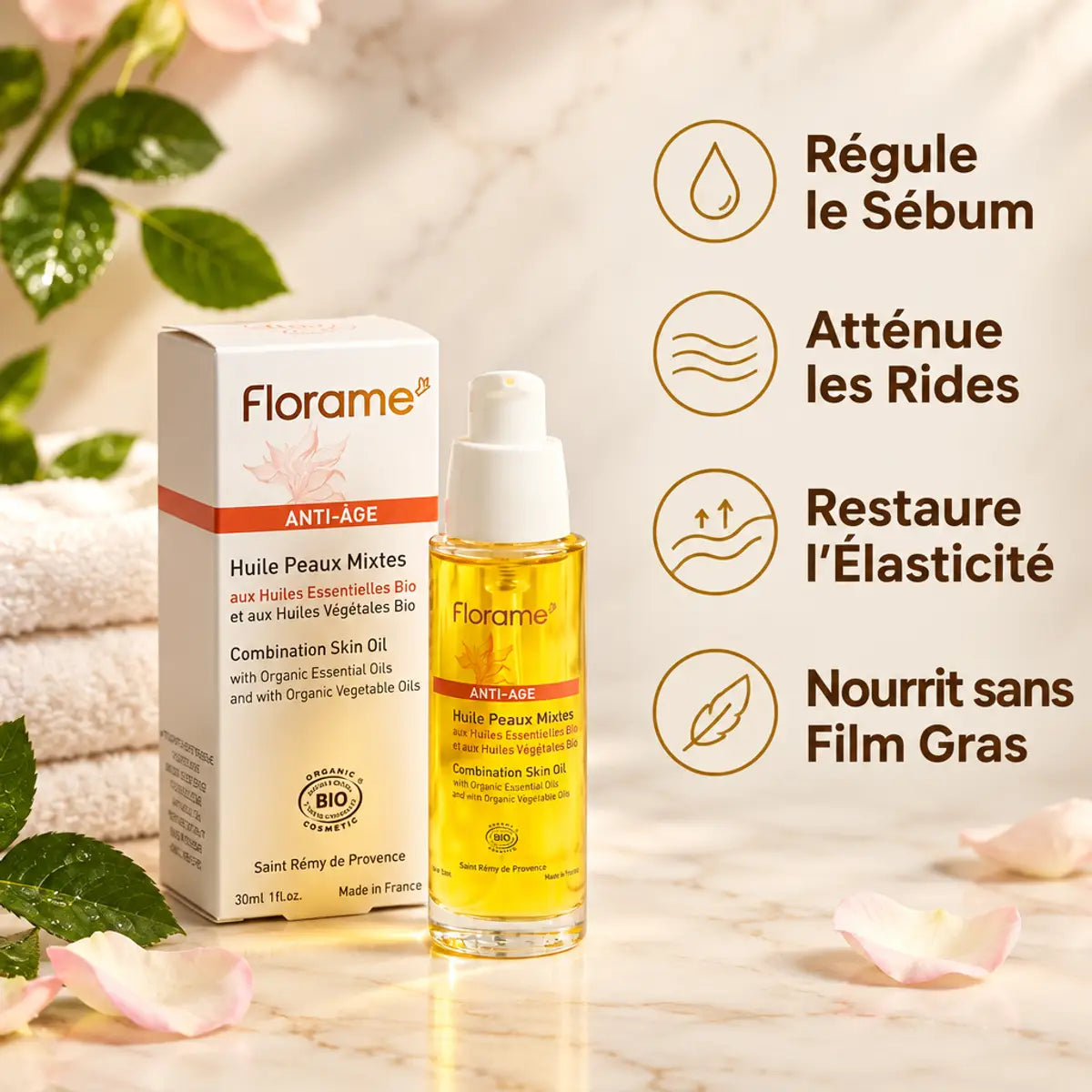 Huile anti-âge Florame peaux mixtes avec bénéfices : régule sébum, atténue rides, restaure élasticité