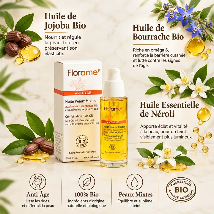 Huile anti-âge Florame peaux mixtes avec ingrédients bio : jojoba, bourrache et néroli