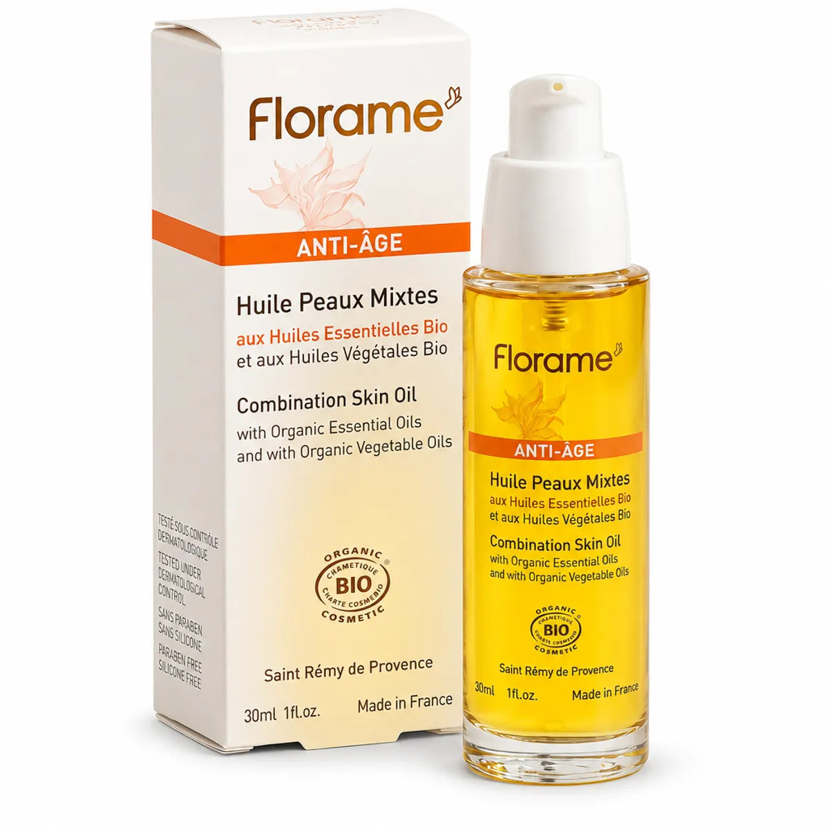 Florame Huile Anti-âge Peaux Mixtes - Flacon et emballage blanc sur fond blanc