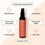 Huile d'abricot bio Najel avec infographie des bénéfits : hydratante, antioxydante, illuminatrice