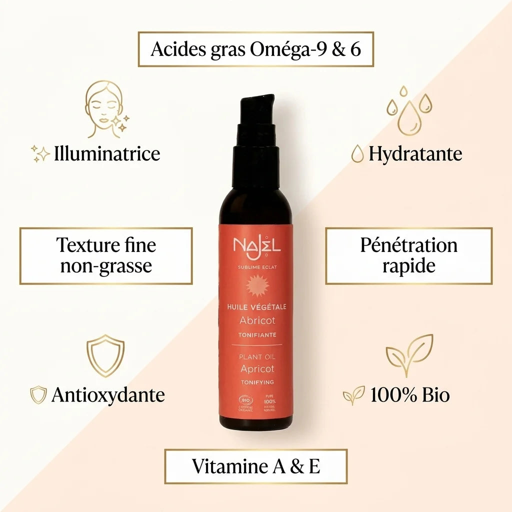 Huile d'abricot bio Najel avec infographie des bénéfits : hydratante, antioxydante, illuminatrice