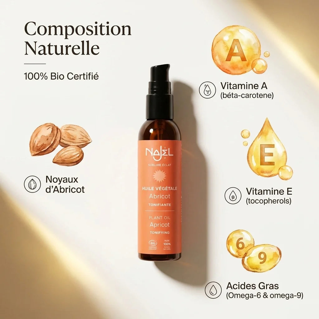 Huile d'abricot bio Najel avec composition naturelle et certifications, infographie des ingrédients