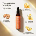 Huile d'abricot bio Najel avec composition naturelle et certifications, infographie des ingrédients