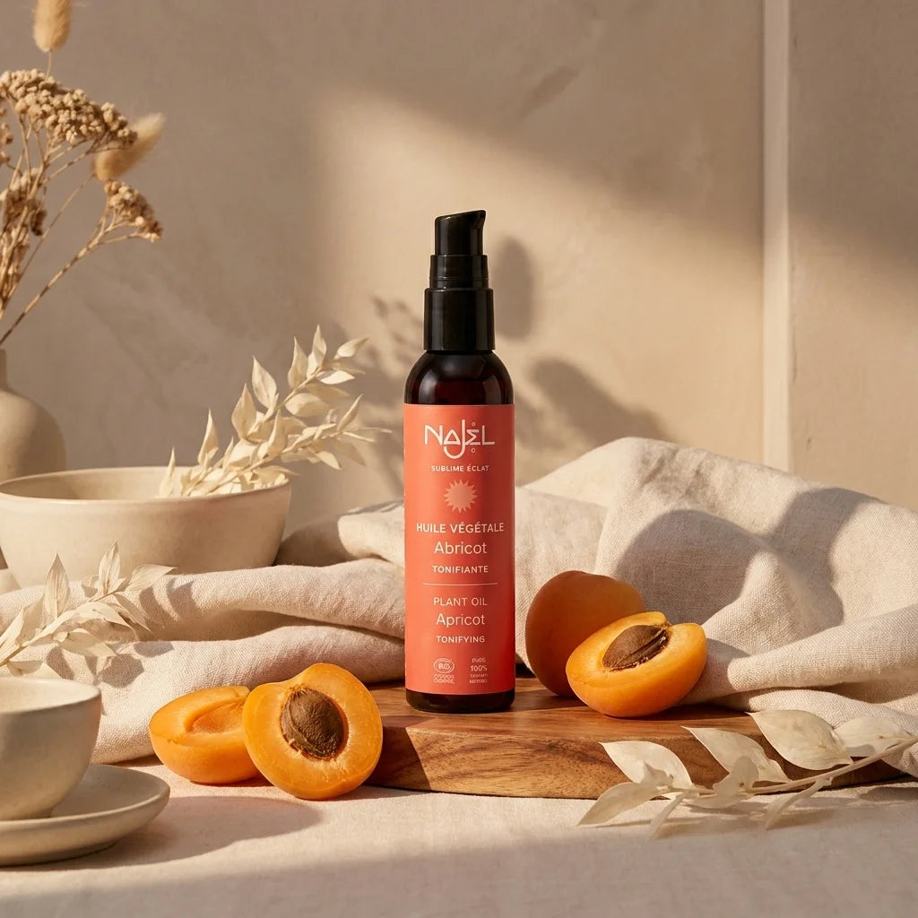 Huile d'abricot bio Najel en flacon avec pompe, entourée d'abricots frais et textiles beige