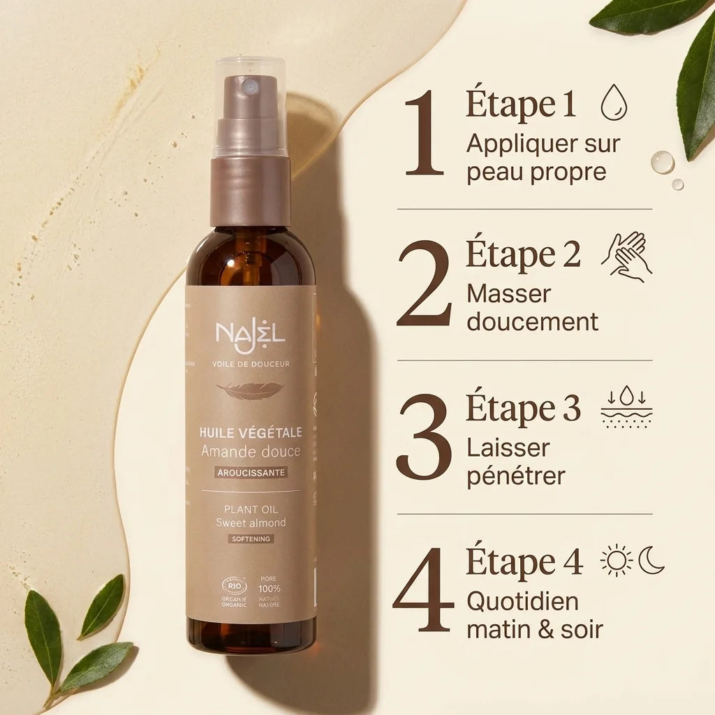Huile d'amande douce Najel bio avec guide d'application en 4 étapes pour visage et corps
