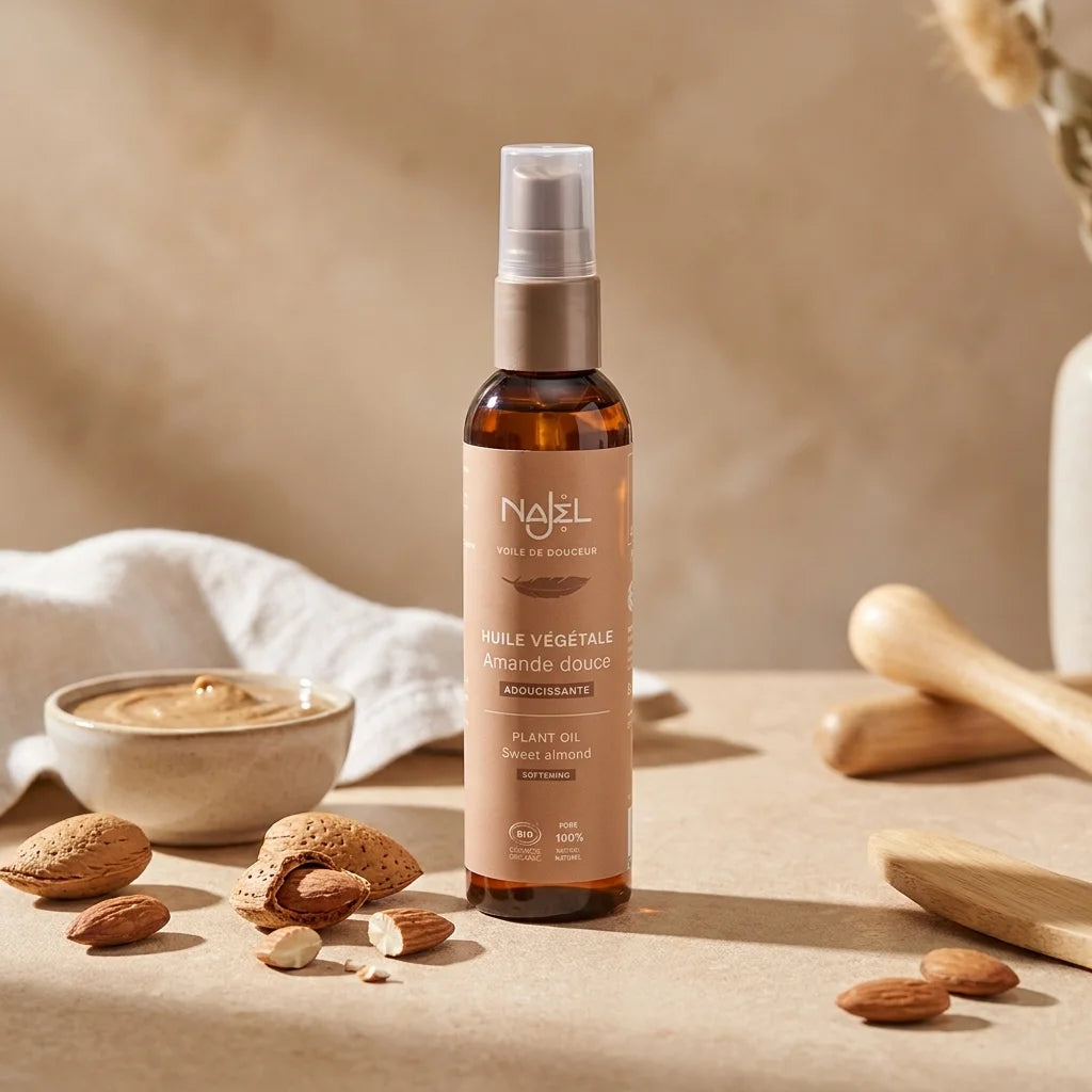 Huile d'amande douce Najel bio en flacon verre ambré avec pompe, amandes fraîches et accessoires wellness