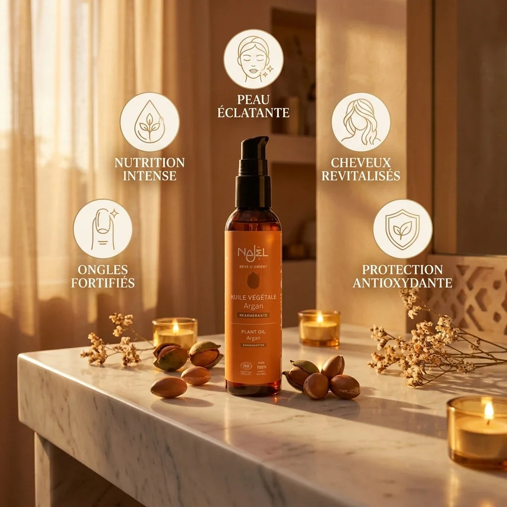 Huile d'Argan Najel bio en flacon avec bénéfices : peau éclatante, cheveux revitalisés, nutrition intense