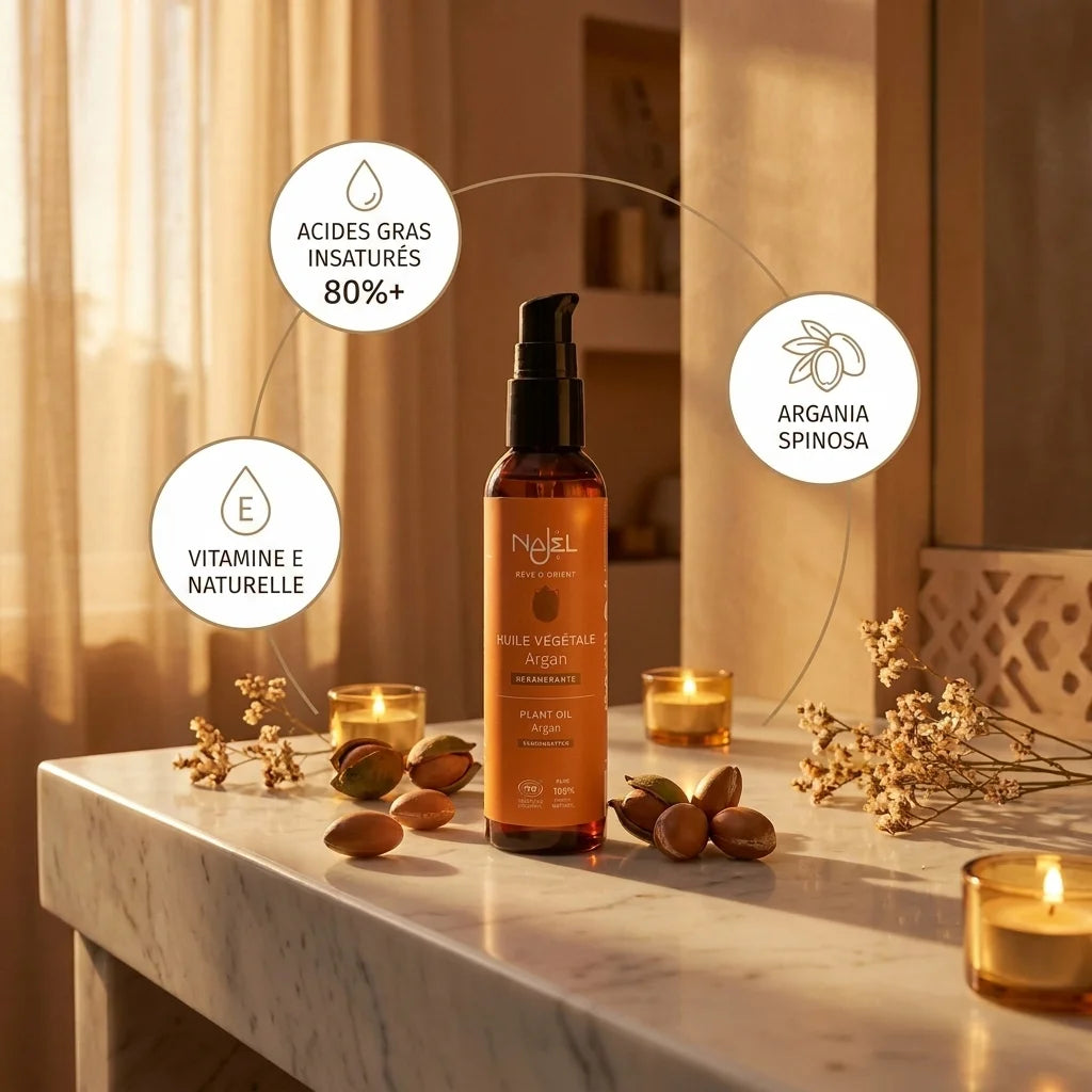 Huile d'Argan bio Najel certifiée avec noix d'argan, vitamine E naturelle et acides gras