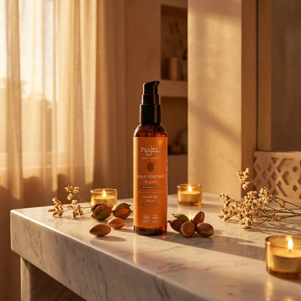 Bouteille d'huile d'argan bio Najel en verre ambré avec noix d'argan fraîches et fleurs séchées