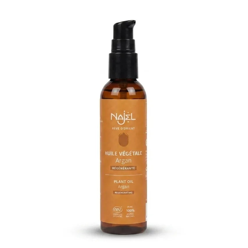Bouteille d'huile d'argan bio Najel certifiée, flacon ambré avec pompe noire sur fond blanc