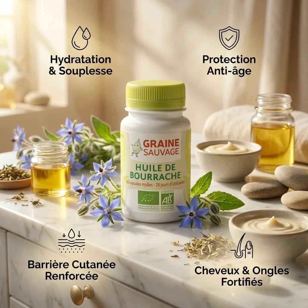 Huile de Bourrache Bio en gélules avec bénéfices hydratation, protection anti-âge et fortification cheveux ongles