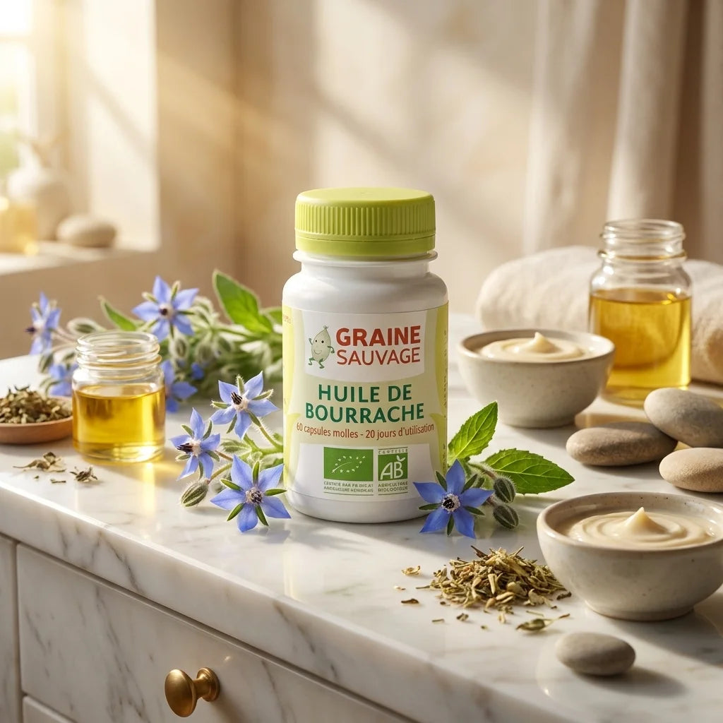 Gélules d'huile de Bourrache Bio Graine Sauvage avec fleurs fraîches et ingrédients naturels