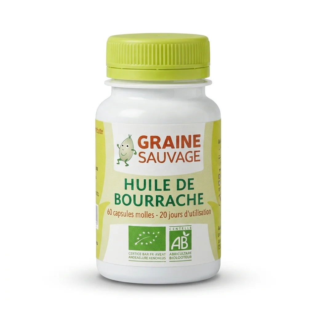 Bouteille d'Huile de Bourrache Bio en gélules Graine Sauvage, complément alimentaire naturel