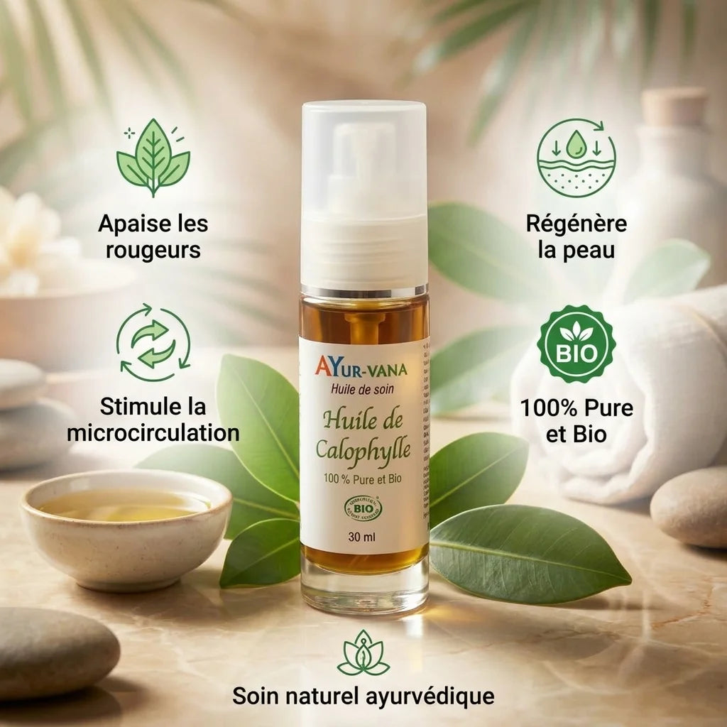 Huile de Calophylle Bio Ayurvana avec ses 5 bénéfaits : apaise les rougeurs, stimule la microcirculation, régénère la peau