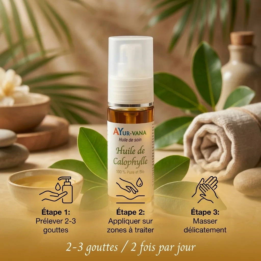 Huile de Calophylle Bio Ayurvana - Guide d'application avec dosage 2-3 gouttes, infographie étapes