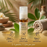 Huile de Calophylle Bio Ayurvana - Guide d'application avec dosage 2-3 gouttes, infographie étapes