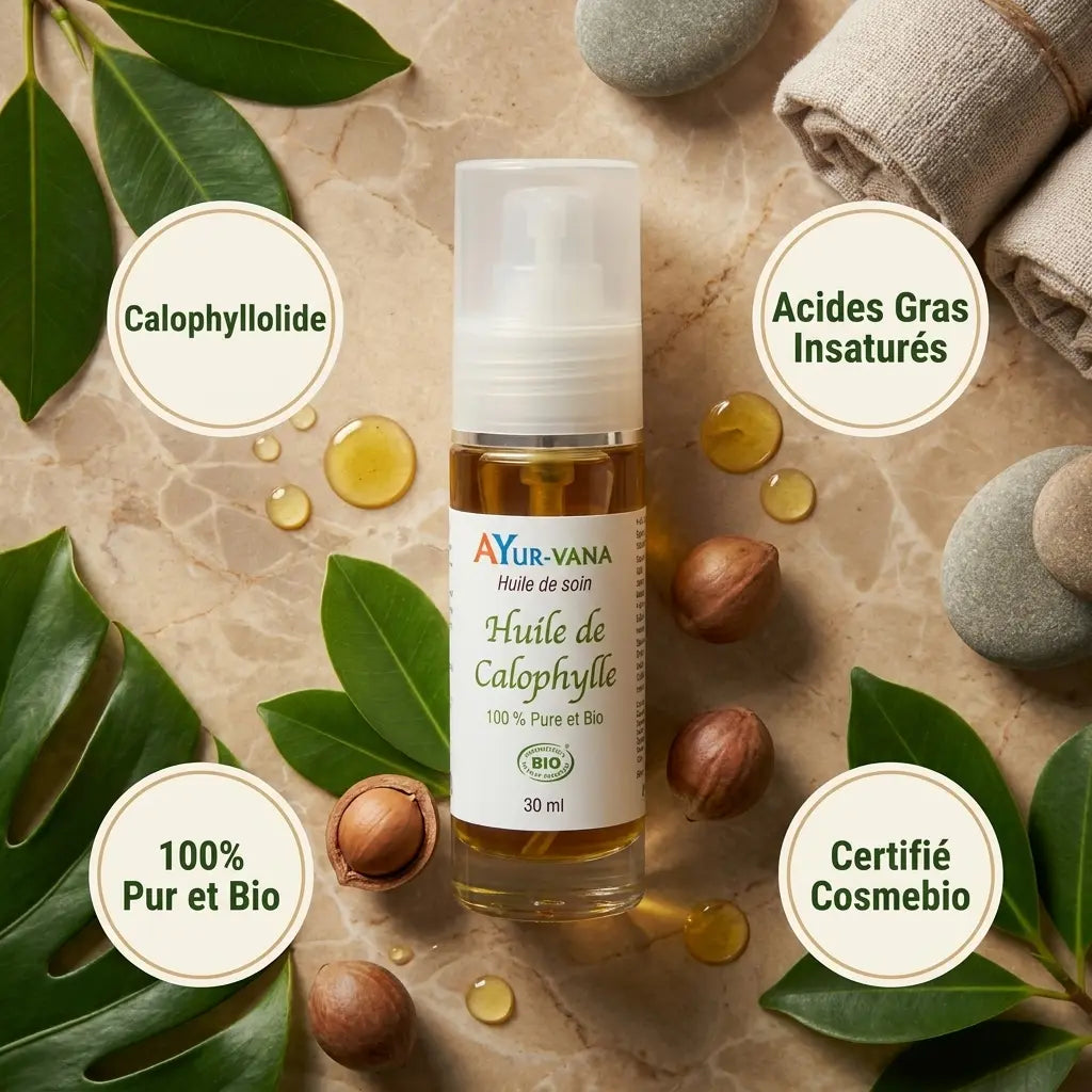 Huile de Calophylle Bio Ayurvana 100% pure en flacon avec ingrédients naturels et certifications
