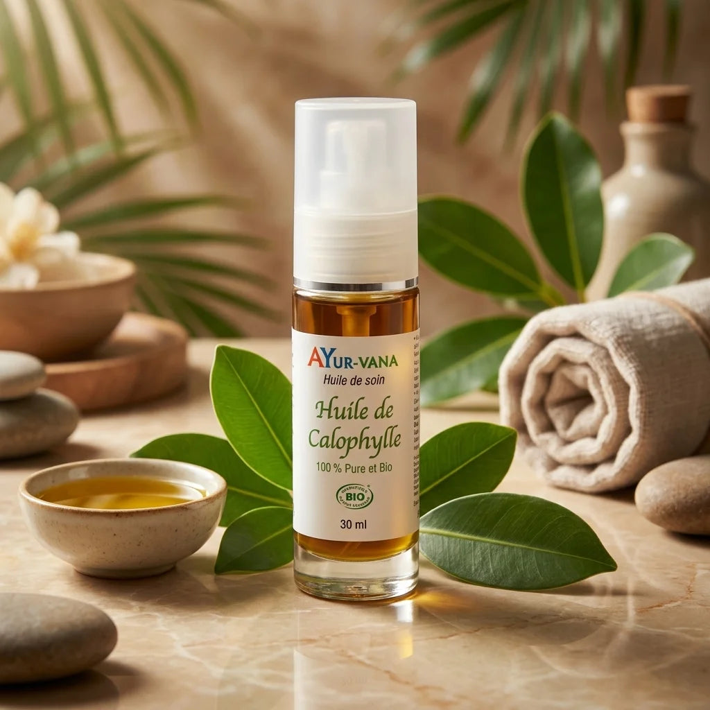 Bouteille d'Huile de Calophylle Bio Ayurvana entourée de feuilles vertes et accessoires spa sur marbre