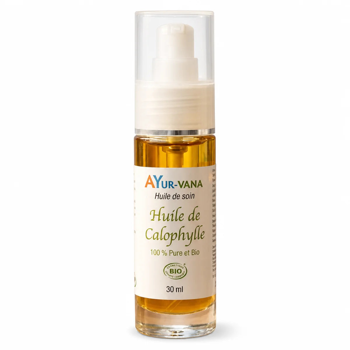 Bouteille d'huile de Calophylle Bio Ayurvana 30ml certifiée, avec pompe doré sur fond blanc