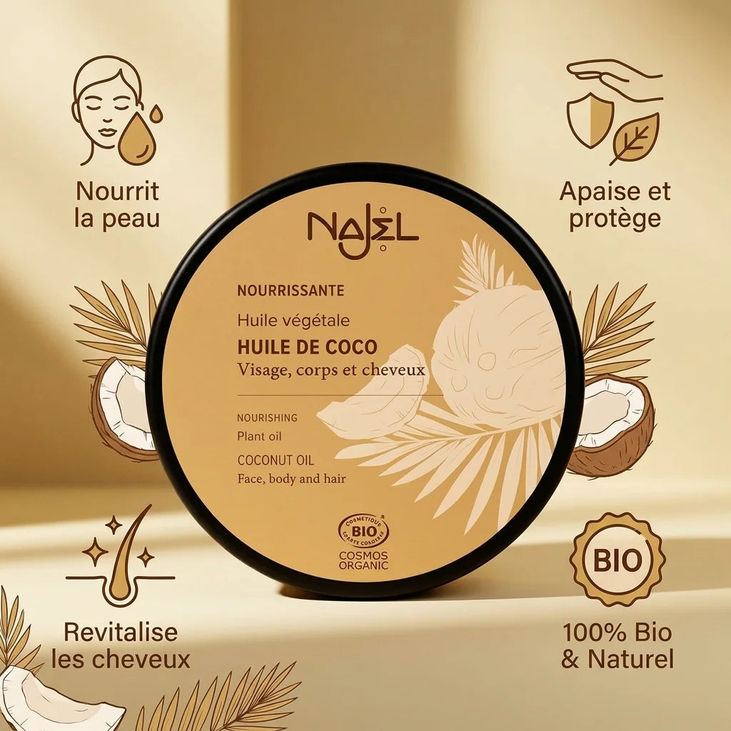 Huile de coco bio Najel avec bénéfices : nourrit la peau, revitalise cheveux, 100% naturel